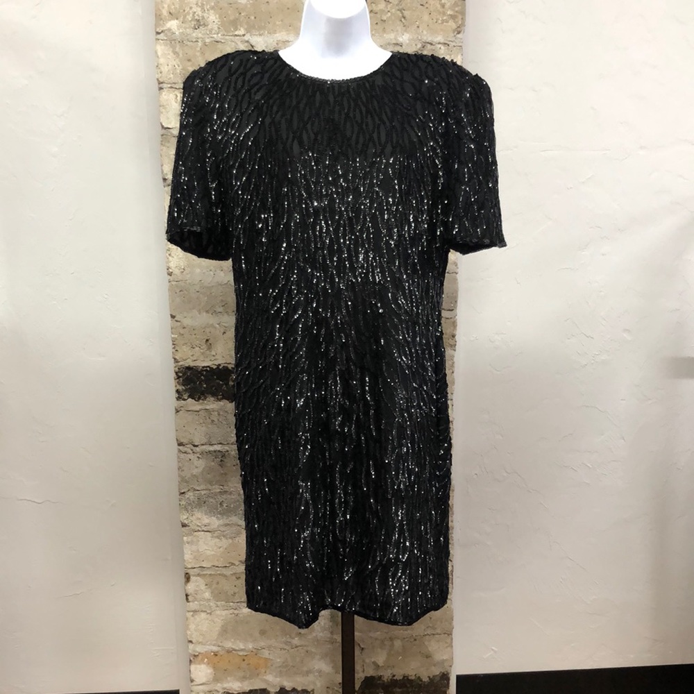 Vintage Scala Black Short Sleeve Sequins Silk Cocktail Dress Size Large